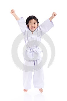 Winner child jumping on white backgroud