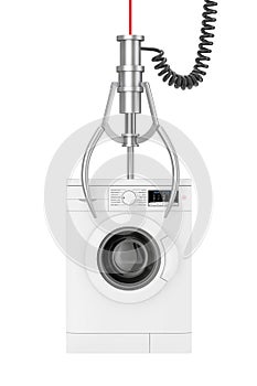 Winner Concept. Modern White Washing Machine in Chrome Robotic Claw. 3d Rendering
