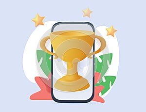 Winner cup on smartphone screen. Promotion discount present point, customer promo surprise. 3D Web Vector Illustrations.