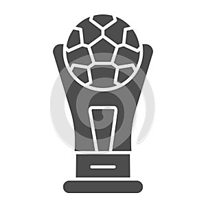 Winner cup solid icon. Championship soccer or football trophy, ball on top symbol, glyph style pictogram on white