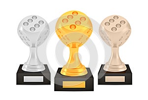 Winner dice awards set, gold silver bronze trophy cups on stands with empty plates