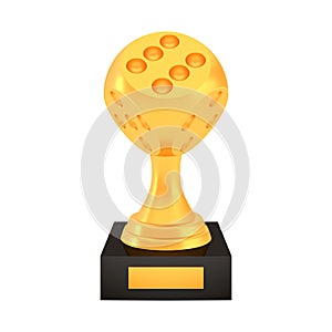 Winner dice cup award on stand with empty plate, golden trophy logo isolated on white background