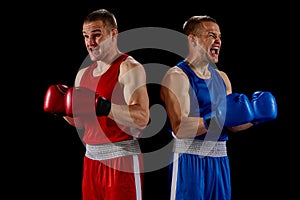Winner emotions. Two twins brothers, professional boxers in blue and red sportswear isolated on dark background. Concept