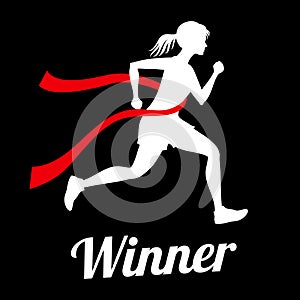 Winner female runner crossing finish line, sports champion vector concept