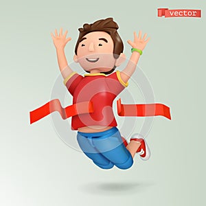 Winner at the finish line. Champion with a red ribbon at sport competitions. People and sports theme, 3d vector