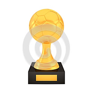 Winner football cup award on stand with empty plate, golden trophy logo isolated on white background