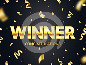 Winner glowing gold text with flying confetti. Luxury glitter congratulations banner. You are win bright celebration photo