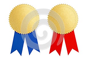 Winner gold seal medal award with blue and red ribbon