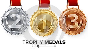 Winner Gold, Silver, Bronze Medals Set Vector. Metal Realistic Badge With First, Second, Third Placement Achievement