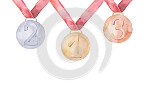 Winner Gold, Silver, Bronze Medals Set Watercolor. Metal Realistic Badge With First, Second, Third Placement Achievement. Round