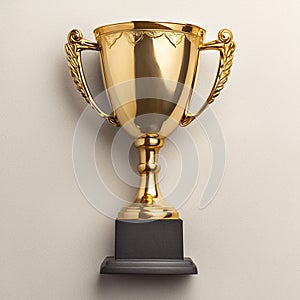 Winner gold trophy cup on concrete stone grey background, top view