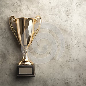 Winner gold trophy cup on concrete stone grey background, top view