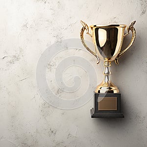 Winner gold trophy cup on concrete stone grey background, top view
