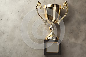 Winner gold trophy cup on concrete stone grey background, top view