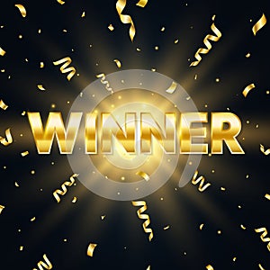 Winner golden text with sparkles and falling confetti. Bright congratulations background. Big win. Winners team