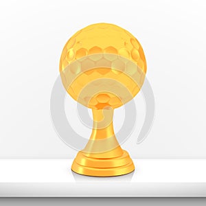 Winner golf cup award, golden trophy logo isolated on white shelf table background