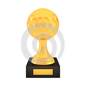 Winner golf cup award on stand with empty plate, golden trophy logo isolated on white background