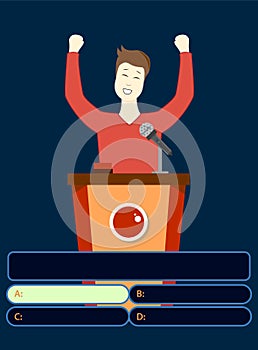 Winner. Happy man. Quiz game with answers . Colorful flat cartoon vector illustration. Quiz brainy game