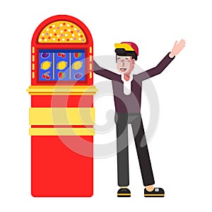 Winner happy man at slot machine jackpot vector cartoon icon