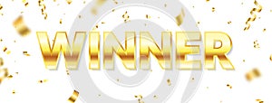 Winner long banner. Luxury congratulations banner. Winners team. Gold text with flying confetti. You are win celebration