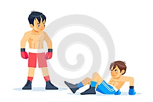 Winner and a loser boxers. Beaten boxer lying on the floor during a boxing battle, having a knockdown on the ring