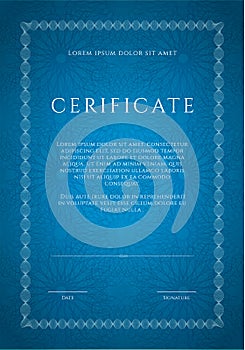 Winner luxury certificate, vertikal template design, blank diploma with guilloches in blue tones