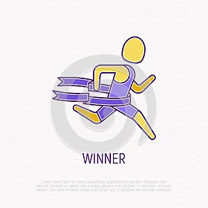 Winner of marathon thin line icon. Runner finishes and tears the ribbon. Modern vector illustration