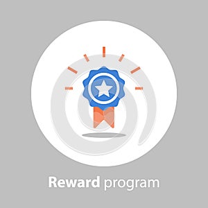 Winner medal, reward program, first place, win super prize, achievement and accomplishment concept, earn points, flat icon