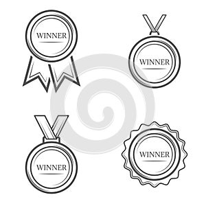 Winner medal set of vector monochrome vintage emblems, labels, badges and logos