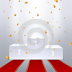 Winner pedestal. Champion ceremony podium, first place stand. Red carpet, 3d platform and gold confetti. Award ceremony
