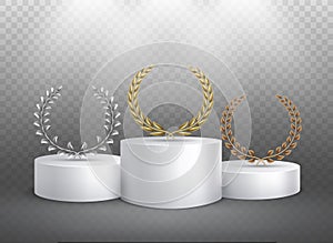 Winner pedestal. Laurel golden emblems on podium reward foliage banner. Pedestal with prize luxury concept illuminated