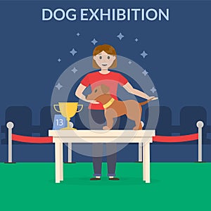 Winner pedestal. Puppy wining a dog show, pet on the first place. Doggy champion medal, competition platform vector illustration