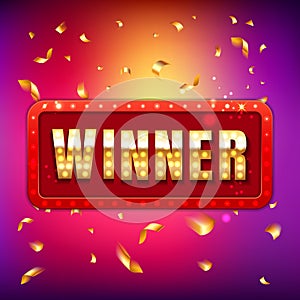 Winner pink gradient retro banner with glowing lamps. Win congratulation vintage frame, golden light bulb frame sign