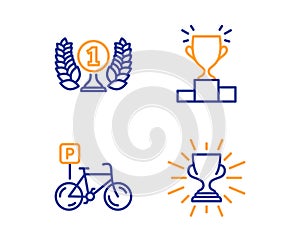 Winner podium, Laureate award and Bicycle parking icons set. Trophy sign. Vector photo