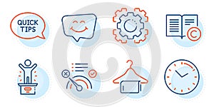 Winner podium, No internet and Seo gear icons set. Smile chat, Copyright and Time signs. Vector