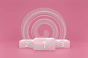 Winner podium or pedestal display on pink background with glass ring and success concept. White product shelf backdrop. 3D