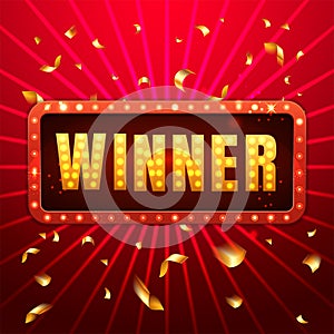 Winner red retro banner with glowing lamps. Win congratulation vintage frame, golden light bulb frame sign with gold