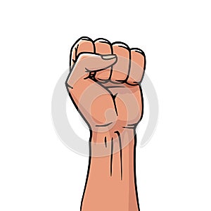 Winner rised clenched fist. Logo label design, concept of win. Human hand up in the air. Back side. Vector illustration