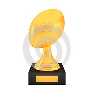 Winner rugby cup award on stand with empty plate, golden trophy logo isolated on white background