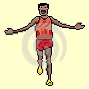 Winner runner crossing finish line in competition with pixel art