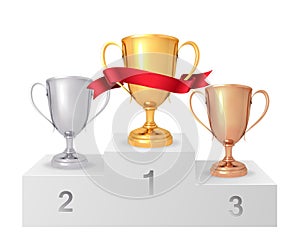 The winner`s cups. White winners podium. Pedestal. Set of realistic gold, silver, bronze cup. Vector illustration