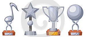 Winner Silver Trophy Cups Isolated Icons, Goblet Musical Talent Show Winner, Super Star, Business or Sport Achievement