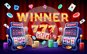 Winner slots machine casino, jackpot fortune, win banner. Vector illustration