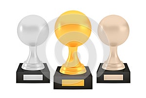 Winner sphere awards set, gold silver bronze trophy cups on stands with empty plates