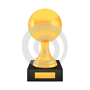 Winner sphere cup award on stand with empty plate, golden trophy logo isolated on white background