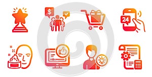 Winner, Teamwork and Shopping cart icons set. Face cream, Person idea and 24h service signs. Vector