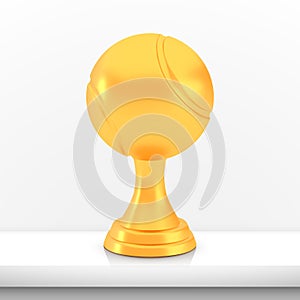 Winner tennis cup award, golden trophy logo isolated on white shelf table background