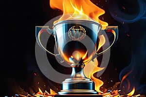 Winner trophy engulfed in vibrant flames, center-focused with a lens blur effect, creating an indistinct and dynamic glow