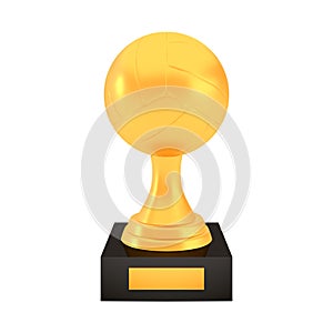 Winner volleyball cup award on stand with empty plate, golden trophy logo isolated on white background