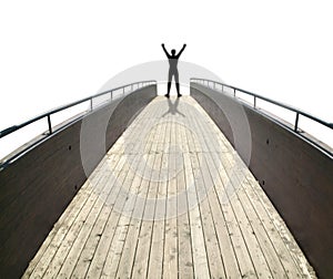 Winner on a wooden bridge